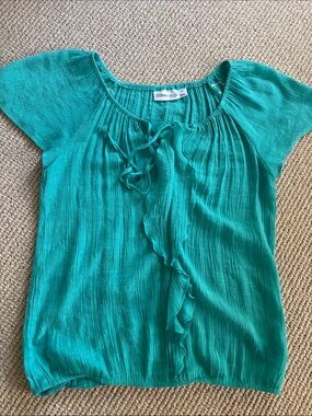 St. John's Bay Teal Ruffle-Tie Peasant Top